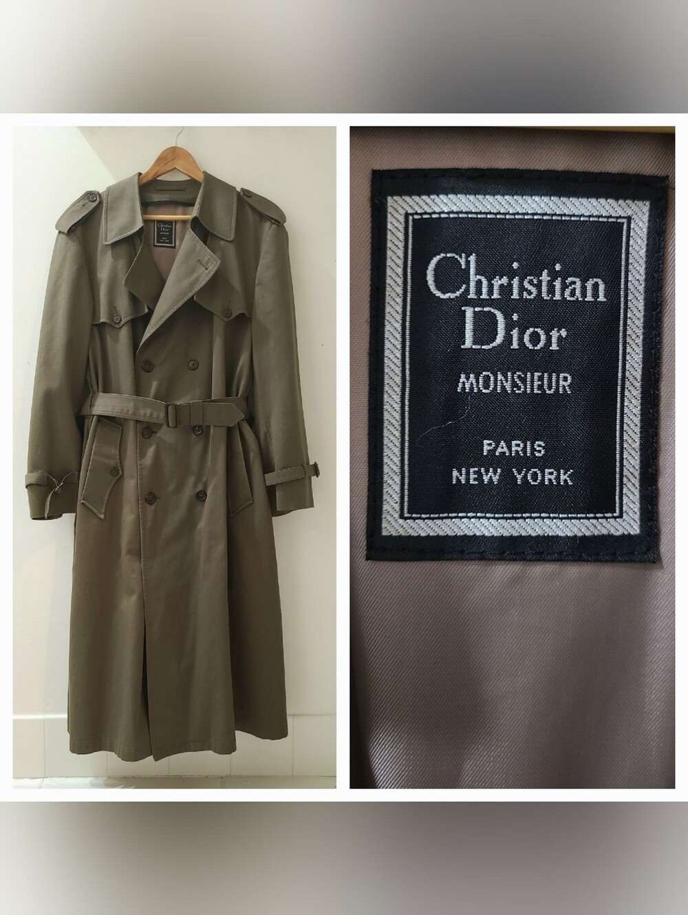 Christian Dior Monsieur Vintage Trench Coat Long 70's Double-Breasted Khaki  44R